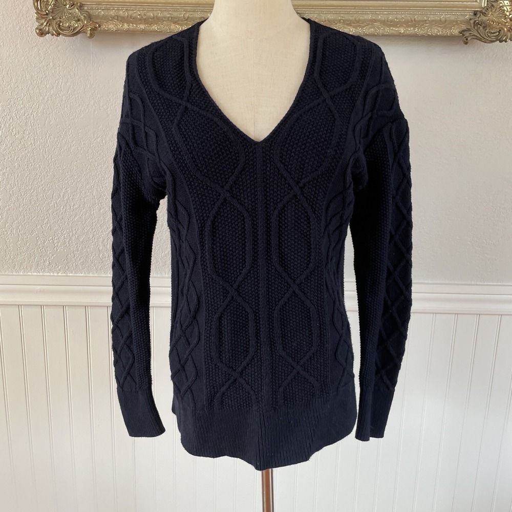 Bass Sweater Womens‎ Navy Blue V neck  Chunky Cable Knit Fisherman Cotton Blend
